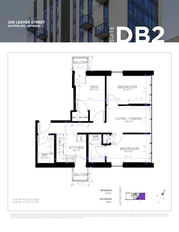 A floor plan for a suite at 250 Lester Street in Waterloo, Ontario.
