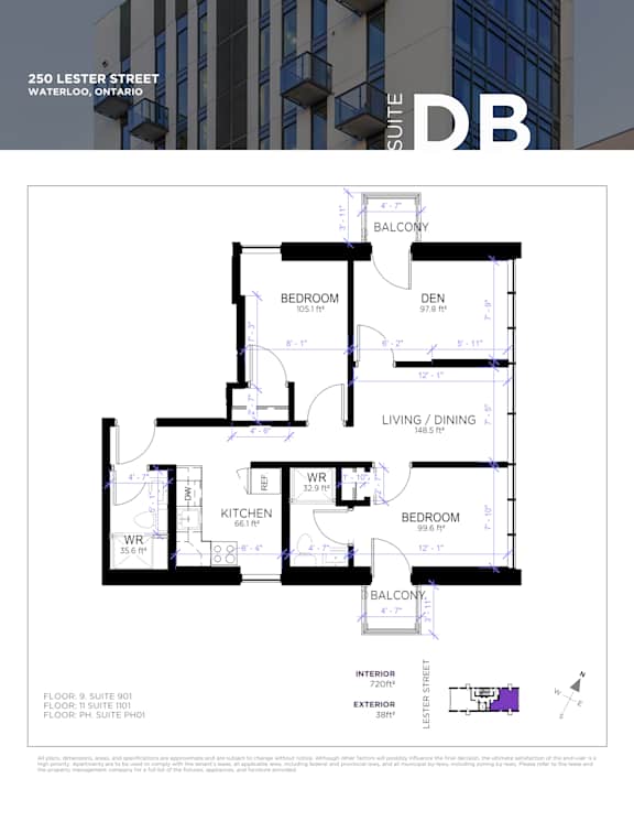A floor plan for a suite at 250 Lester Street in Waterloo, Ontario.