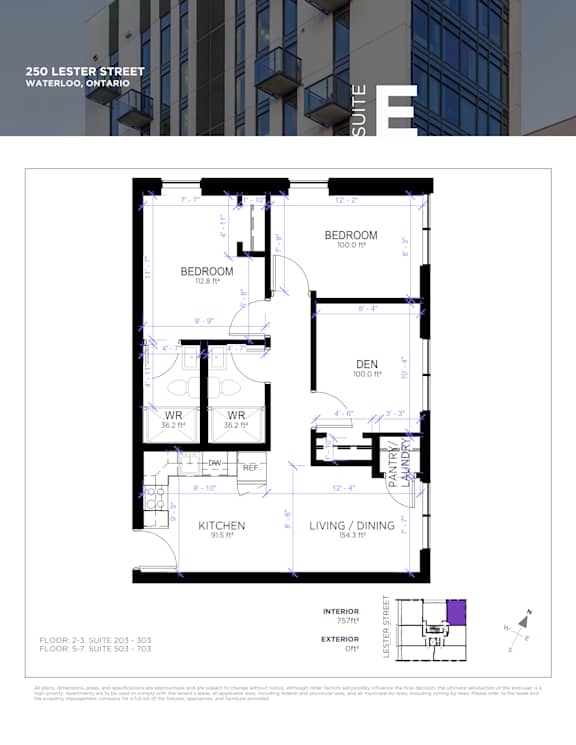 A floor plan for a condo at 250 Lester Street in Waterloo, Ontario.