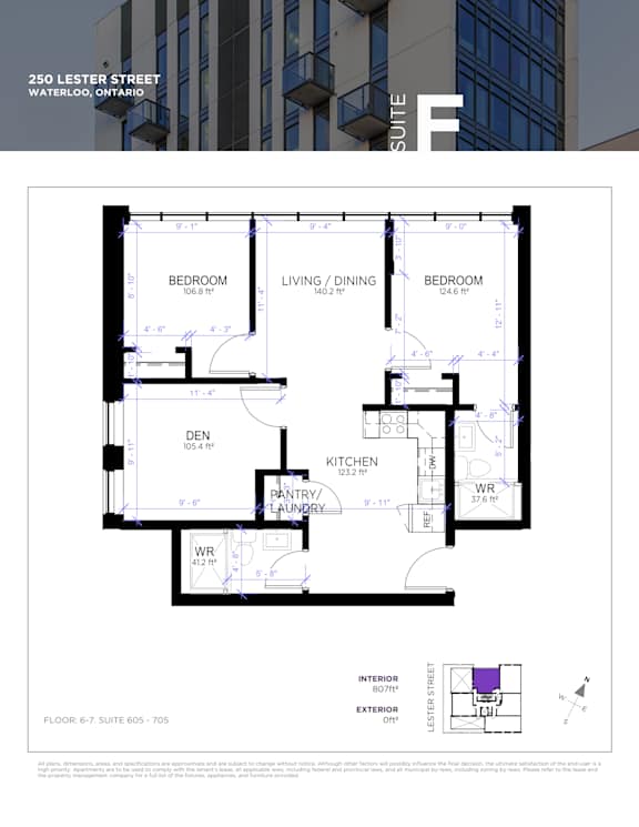 A floor plan for a suite in a building located at 250 Lester Street, Waterloo, Ontario.