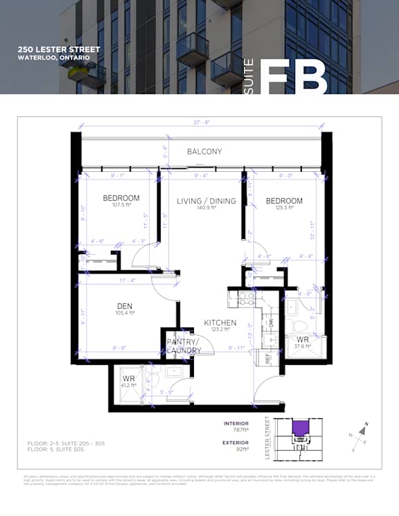 A floor plan for a suite in a building located at 250 Lester Street, Waterloo, Ontario.