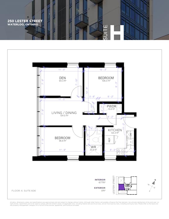 A drawing of a floor plan for a suite in a building at 250 Lester Street, Waterloo, Ontario.