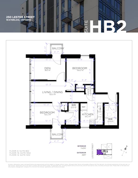 A floor plan for a suite in a building located at 250 Lester Street, Waterloo, Ontario.