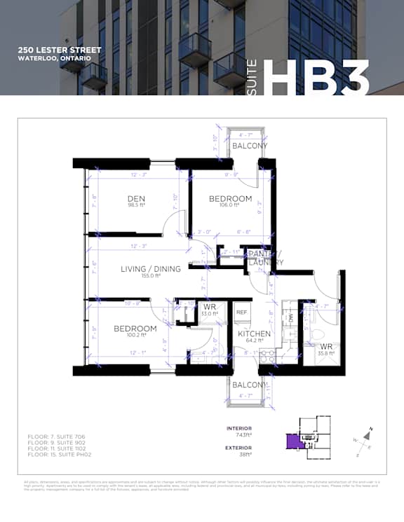 A floor plan for a condo suite at 250 Lester Street, Waterloo, Ontario.
