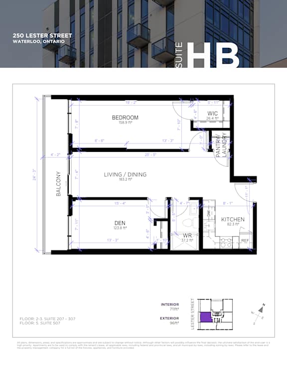 A floor plan for a suite in a building located at 250 Lester Street, Waterloo, Ontario.