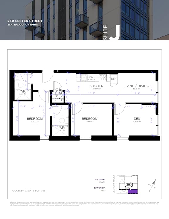 A floor plan for a suite on the 25th floor of a building at 250 Lester Street, Waterloo, Ontario.