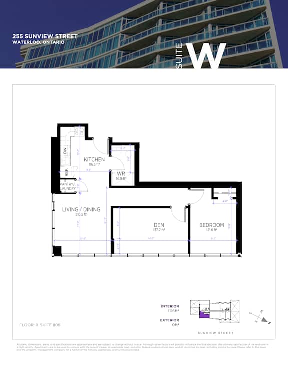 A floor plan for a suite at 255 Sunview Street in Waterloo, Ontario.