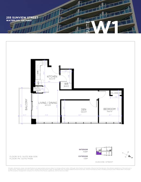 A floor plan for a condo unit at 255 Sunview Street in Waterloo, Ontario.