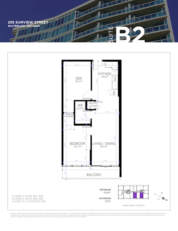 A floor plan for a suite at 255 Sunview Street in Waterloo, Ontario.