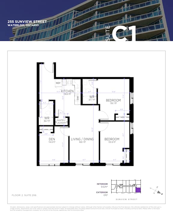 A floor plan for a suite at 255 Sunview Street in Waterloo, Ontario.