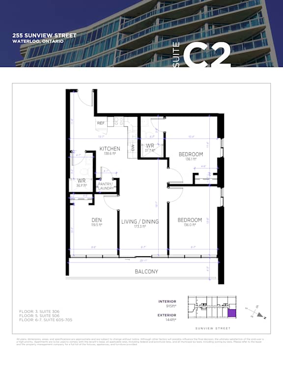 A floor plan for a condo unit at 255 Sunview Street in Waterloo, Ontario.