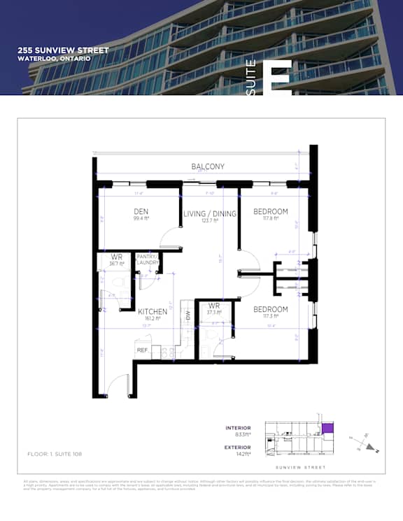 A floor plan for a suite in a building located at 255 Sunview Street, Waterloo, Ontario.