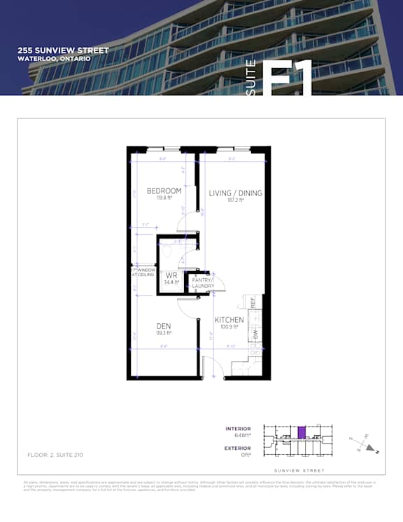 A floor plan for a suite in a building located at 255 Sunview Street, Waterloo, Ontario.