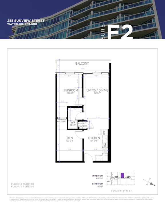 A floor plan for a suite in a building located at 255 Sunview Street, Waterloo, Ontario.