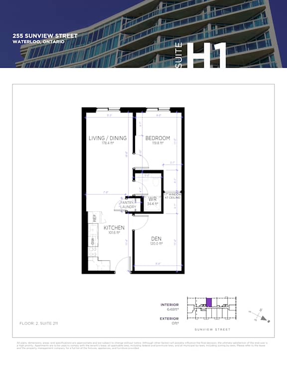 A floor plan for a suite in a building located at 255 Sunview Street, Waterloo, Ontario.