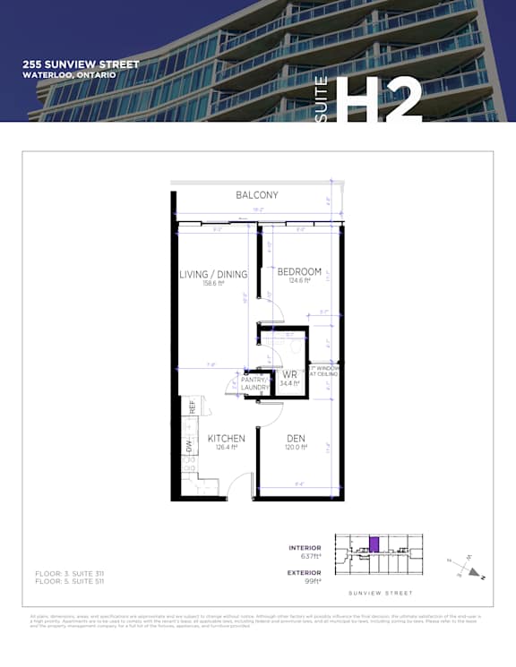 A floor plan for a suite in a building located at 255 Sunview Street, Waterloo, Ontario.
