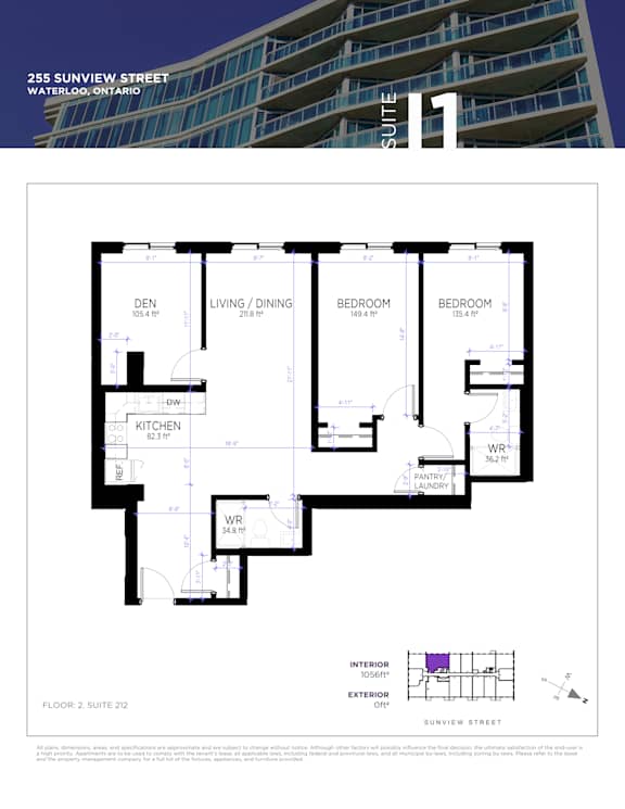 A floor plan for a suite in a building located at 255 Sunview Street, Waterloo, Ontario.