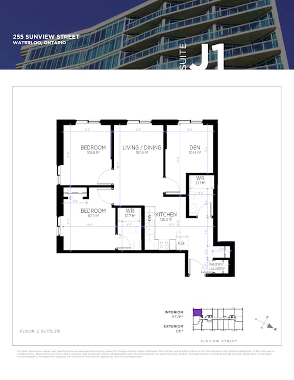 A floor plan for a suite at 255 Sunview Street in Waterloo, Ontario.