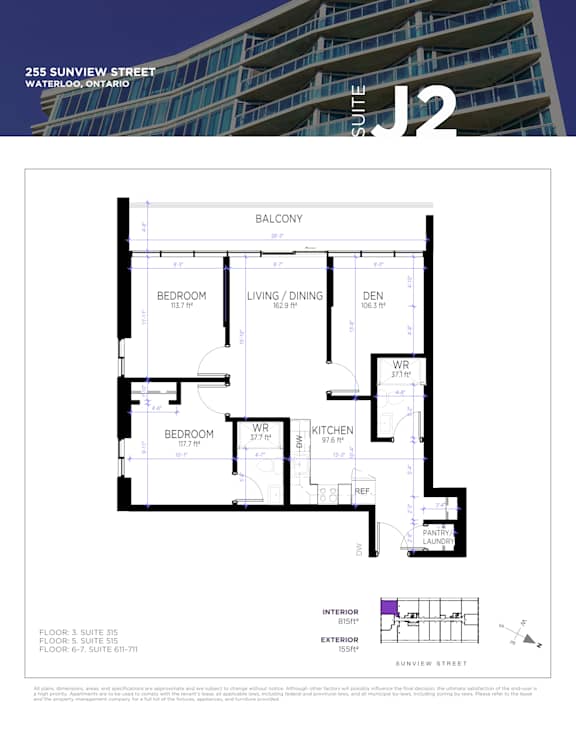 A floor plan for a suite at 255 Sunview Street in Waterloo, Ontario.