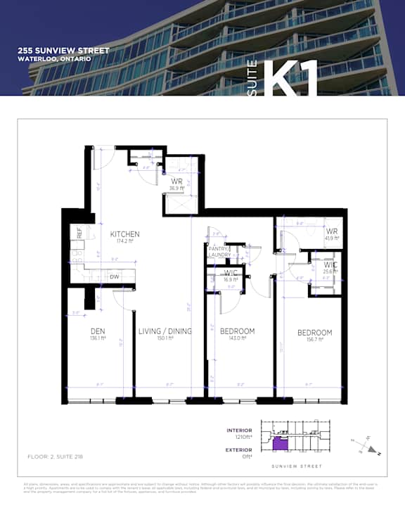 A floor plan for a suite in a building located at 255 Sunview Street, Waterloo, Ontario.