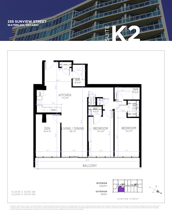A floor plan for a suite in a building located at 255 Sunview Street, Waterloo, Ontario.