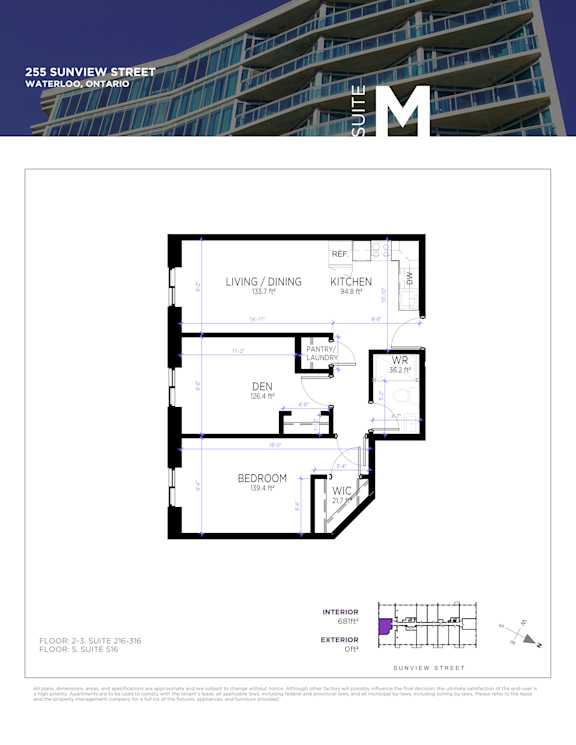 A floor plan for a condo at 255 Sunview Street in Waterloo, Ontario.