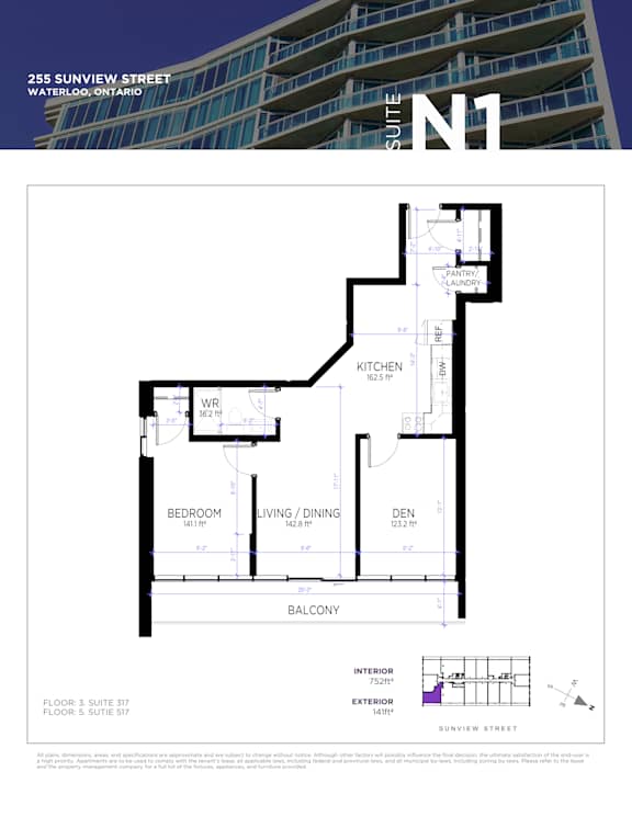 A floor plan for a suite at 255 Sunview Street in Waterloo, Ontario.