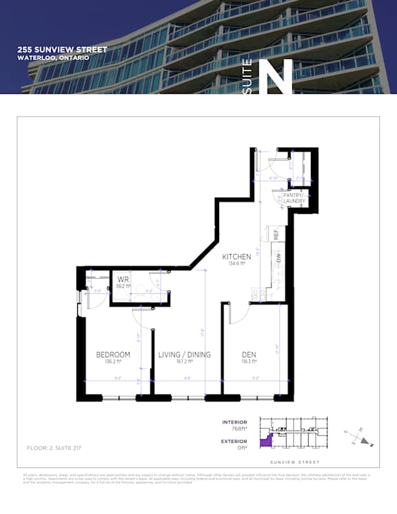 A floor plan for a 2 bedroom, 2.5 bath condo at 255 Sunview Street in Waterloo, Ontario.