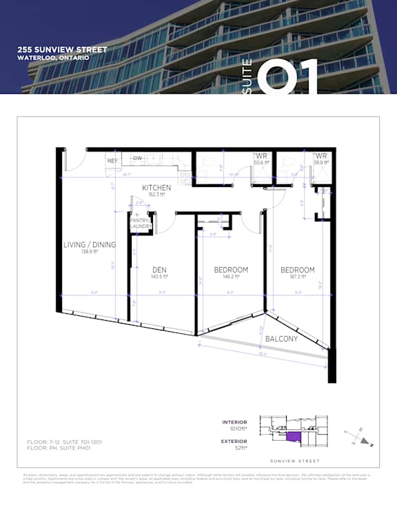 A floor plan for a suite in a building located at 255 Sunview Street, Waterloo, Ontario.