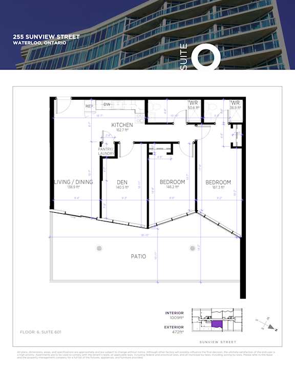 A floor plan for a suite at 255 Sunview Street in Waterloo, Ontario.