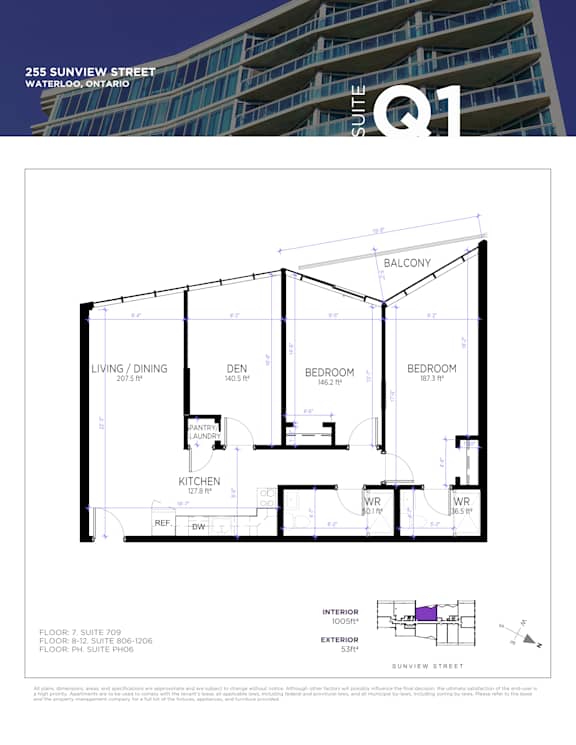 A floor plan for a suite at 255 Sunview Street in Waterloo, Ontario.