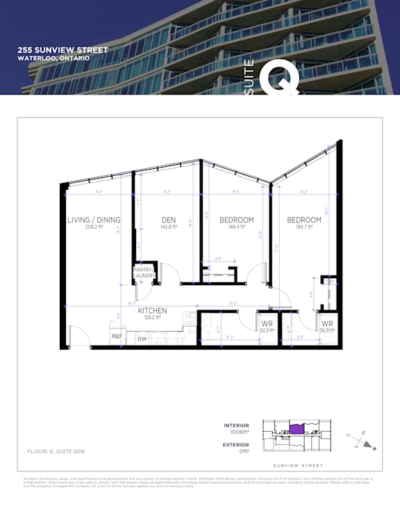 A floor plan for a suite at 255 Sunview Street in Waterloo, Ontario.