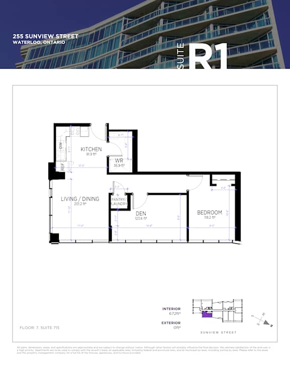 A floor plan for a suite in a building located at 255 Sunview Street, Waterloo, Ontario.