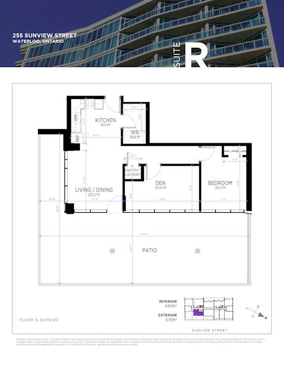 A floor plan for a suite in a building located at 255 Sunview Street, Waterloo, Ontario.