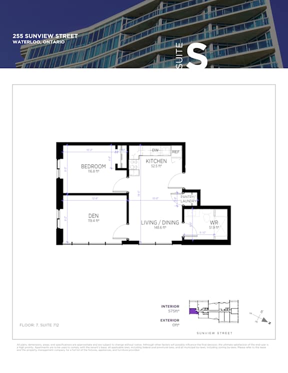A floor plan for a suite at 255 Sunview Street in Waterloo, Ontario.