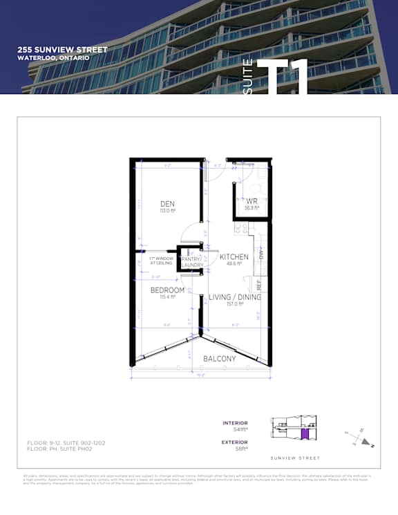 A floor plan for a condo unit at 255 Sunview Street in Waterloo, Ontario.