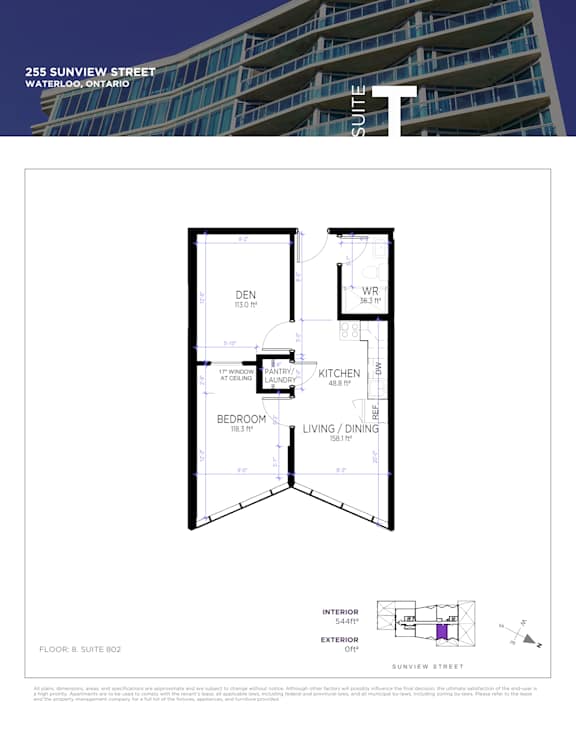 A floor plan for a suite at 255 Sunview Street in Waterloo, Ontario.