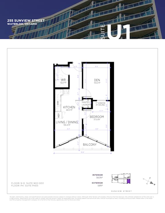 A floor plan for a condo unit at 255 Sunview Street in Waterloo, Ontario.