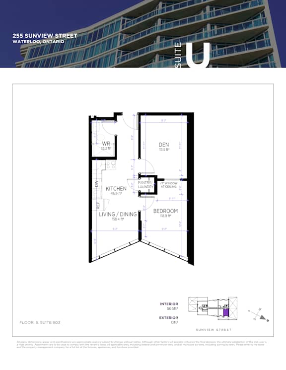 A floor plan for a suite at 255 Sunview Street in Waterloo, Ontario.