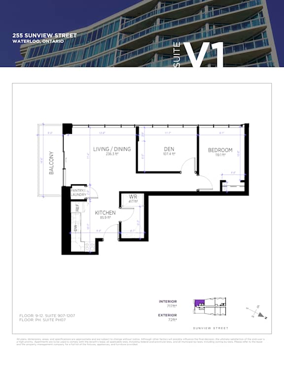 A floor plan for a condo at 255 Sunview Street in Waterloo, Ontario.