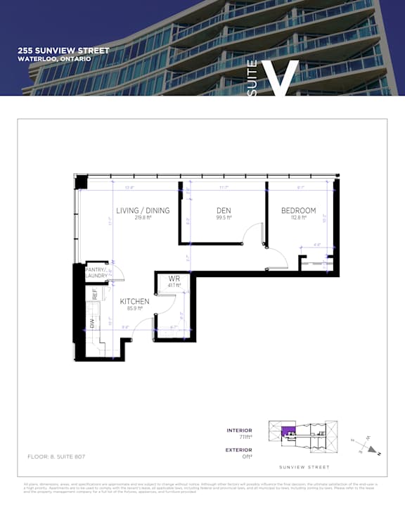 A floor plan for a suite at 255 Sunview Street in Waterloo, Ontario.