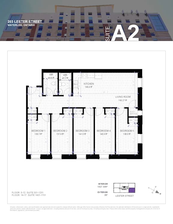 A floor plan for a suite at 203 Lester Street in Waterloo, Ontario.
