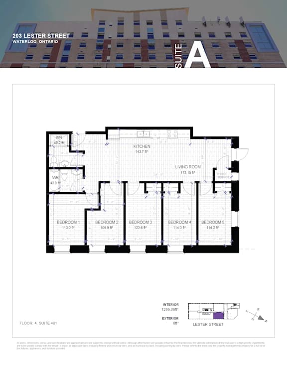 A floor plan for a suite in a building located at 203 Lester Street, Waterloo, Ontario.