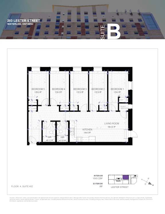 Floor plan for a suite in a building located at 203 Lester Street, Waterloo, Ontario.