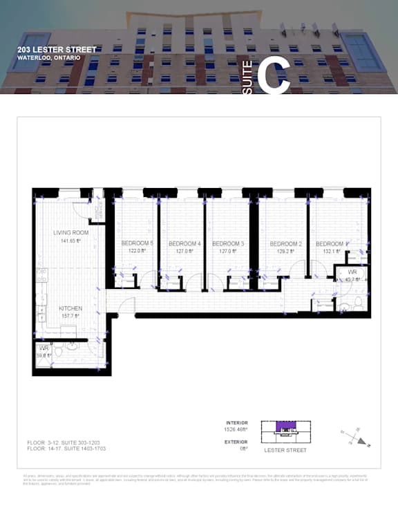 A floor plan for a suite at 203 Lester Street in Waterloo, Ontario.