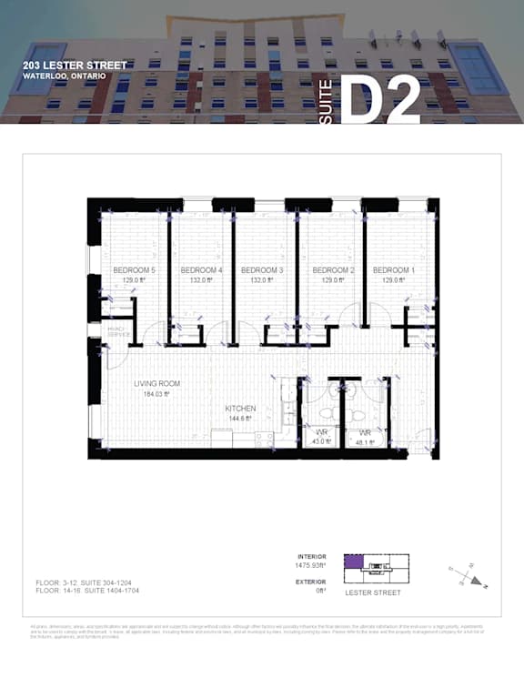 A floor plan for a suite at 203 Lester Street, Waterloo, Ontario.