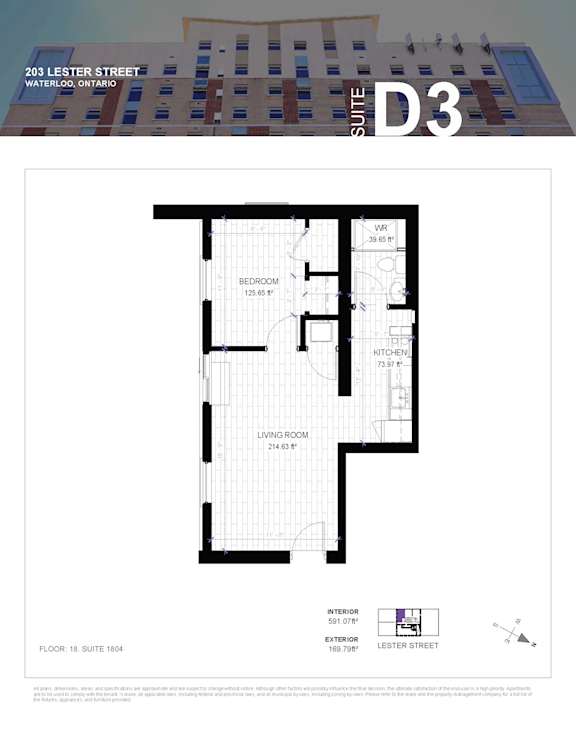 A floor plan for a suite at 203 Lester Street in Waterloo, Ontario.
