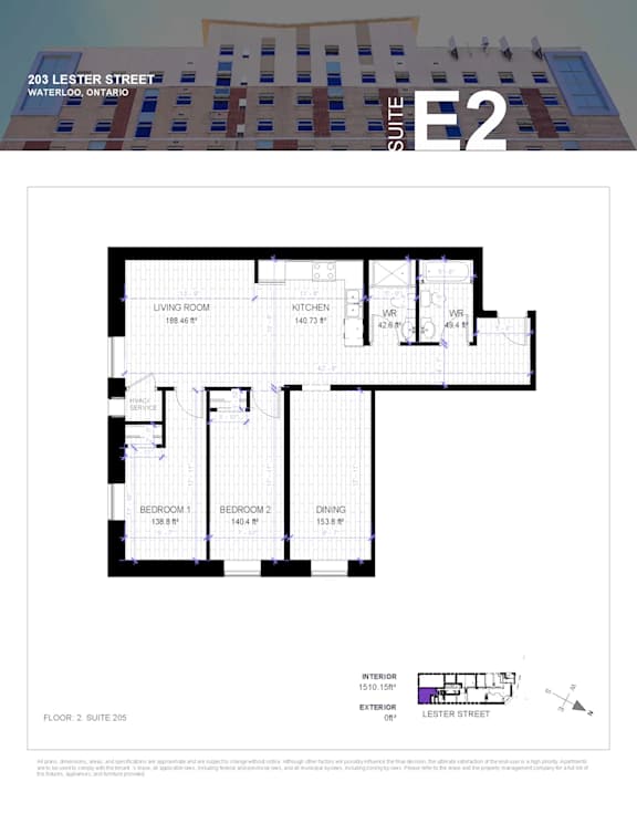A floor plan for a suite in a building located at 203 Lester Street, Waterloo, Ontario.