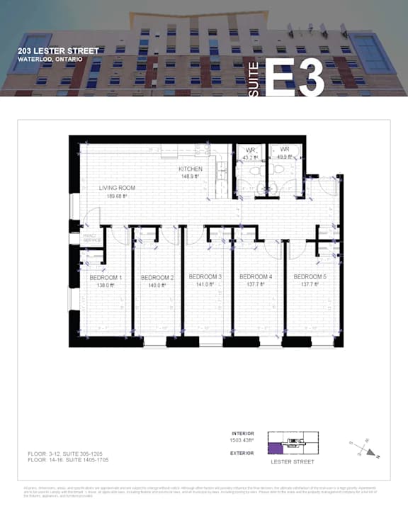 A floor plan for a suite at 203 Lester Street, Waterloo, Ontario.