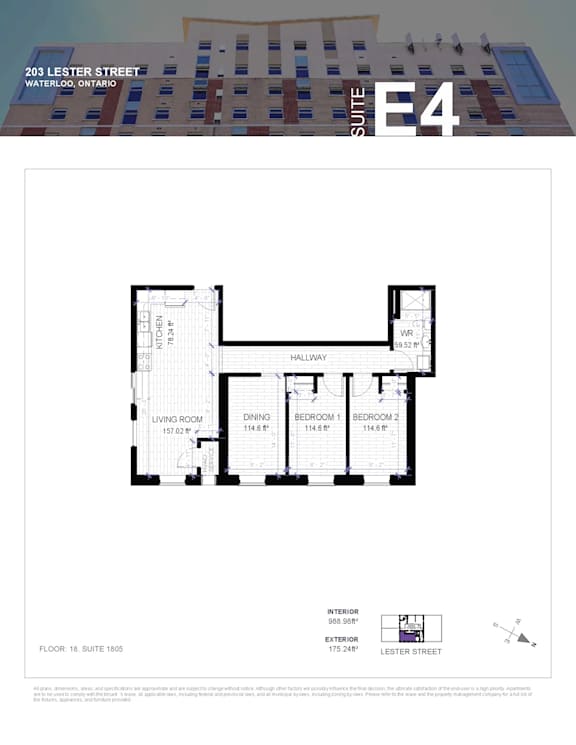A floor plan for a suite at 203 Lester Street in Waterloo, Ontario.